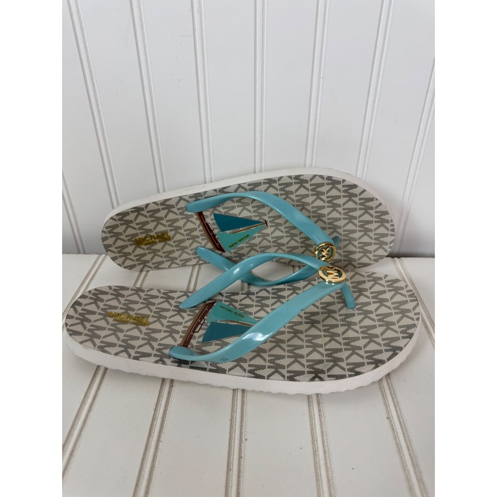 Michael Kors Flip Flops Women 10 Teal Blue MK Monogram Sailboat Wedge RX17A